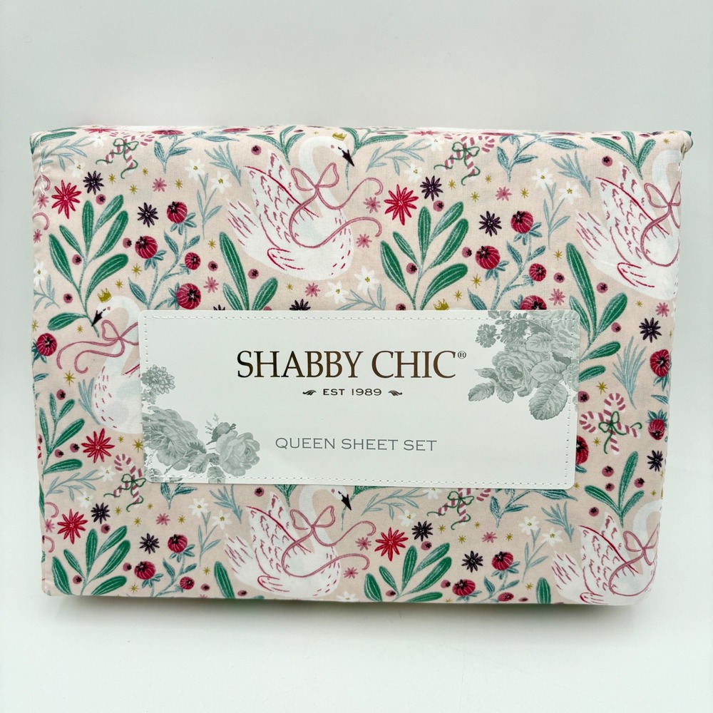 Shabby Chic Swan Floral Queen Sheet Set New in Package Blush Pink Green